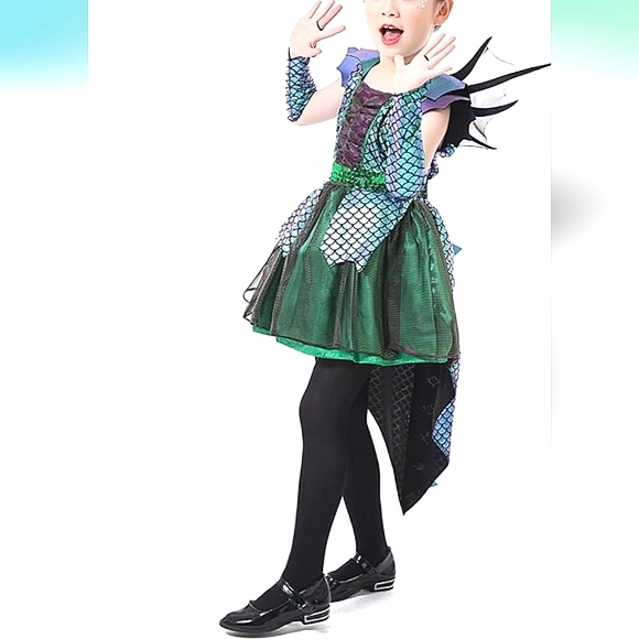 Girls Green/Purple Embellished Dragon Costume Tulle Dress Halloween Party - Picture 3 of 12